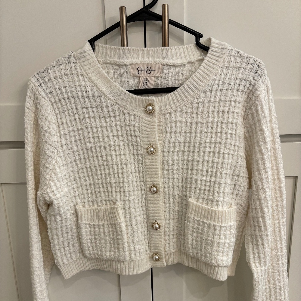 Jessica Simpson White Sweater Jacket with Pearl Buttons